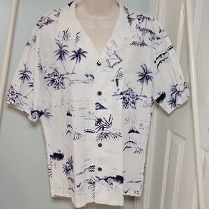 Palmwave Blue and White Cotton Tropical Print Hawaiian Shirt Size Large